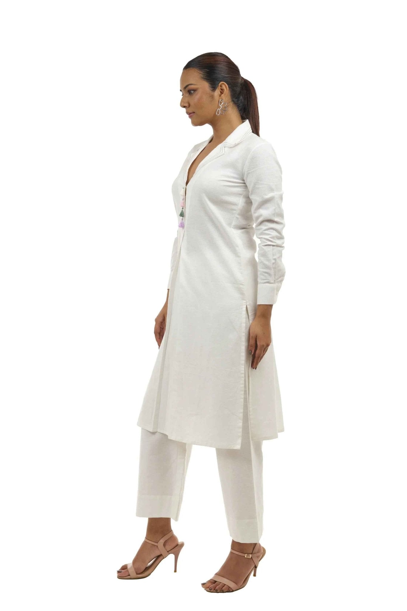 White Linen Coat Collar Kurta and Pallazo Co - ord Set